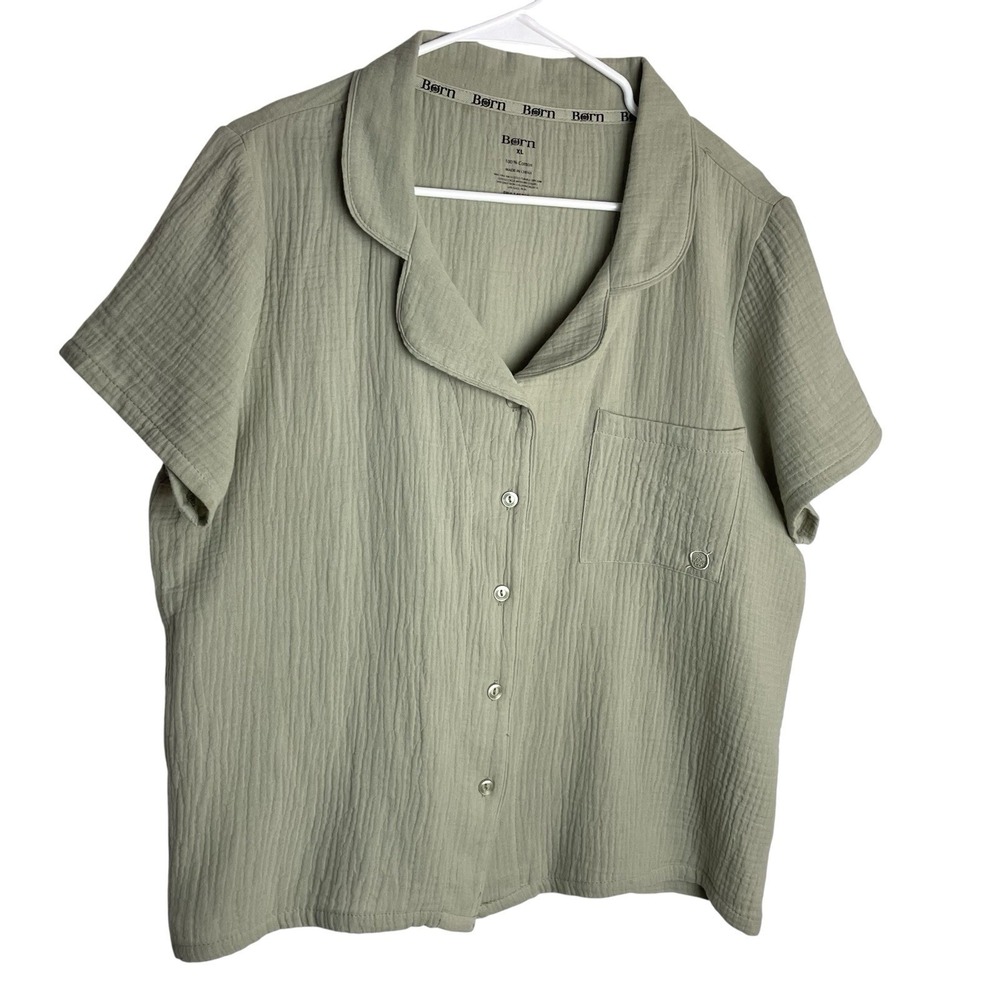 Born Womens Gauzy Crop Shirt Size XL Khaki Green Cotton Button Up Short Sleeve